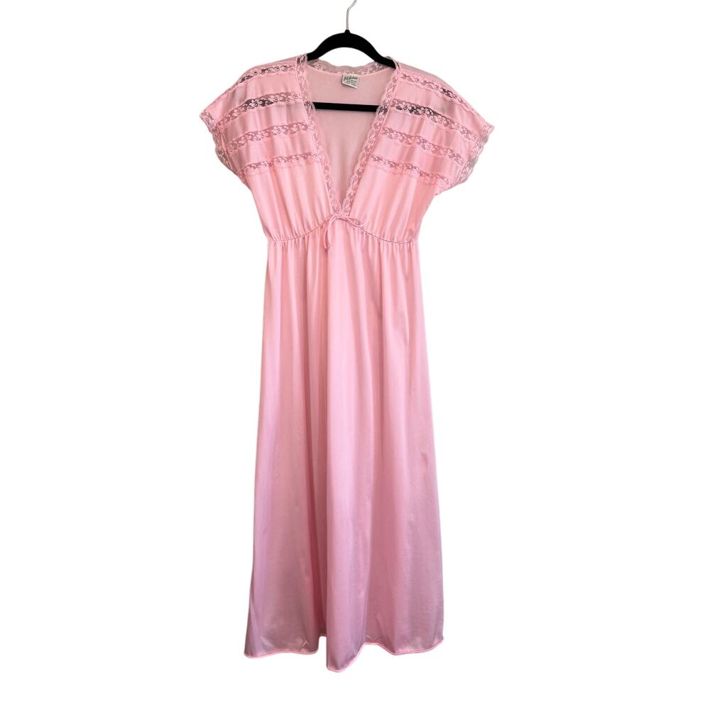Vintage Jill Andrea NY Nightgown L Pink Empire Waist Lace Trim Full Length USA